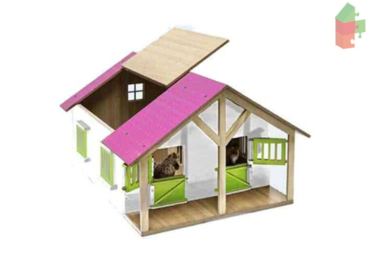 Kids Globe Set Houten Paardenstal Met 2 Boxen En Berging+Mitsubishi Met Paardentrailer 27Cm 1:24 Roze Dak