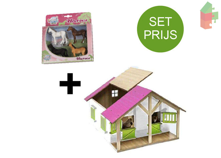 Kids Globe Set Houten Paardenstal 2 Boxen (Roze/1:24) + 4 Paarden