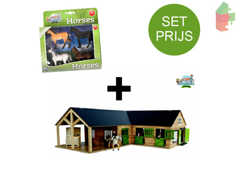 Kids Globe Set Houten Paarden Hoekstal (1:24) + 4 Paarden