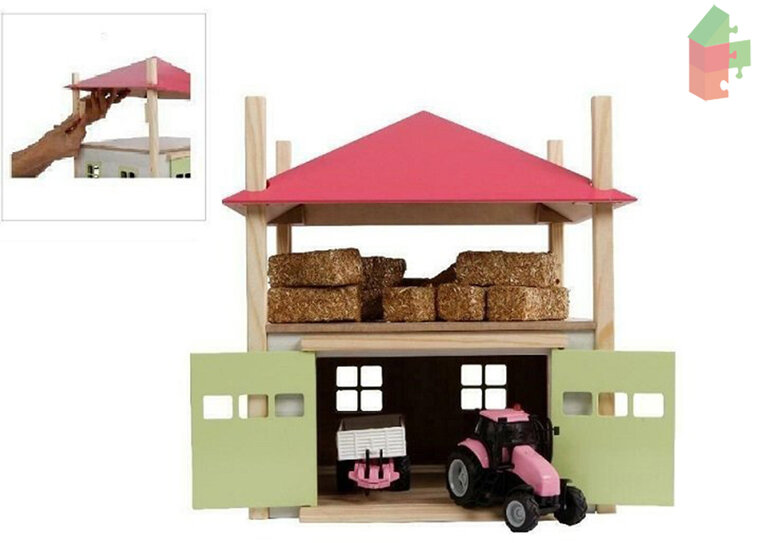 Kids Globe Set Hooiberg-Hout-Met-Berging-1:32-32X35X45-Roze + Volvo V70 Met Caravan