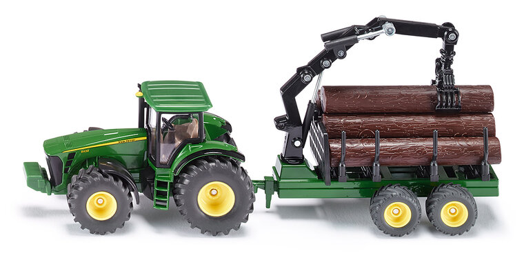 Siku JD tractor met boomstam trailer 1:50