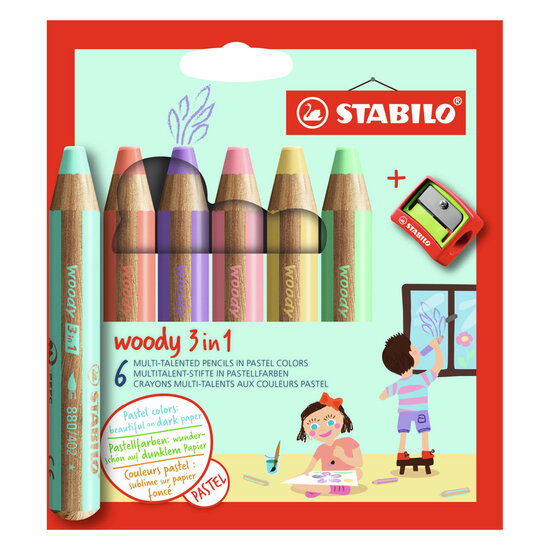 Woody 3in1 Potloden - 6 kleuren + Puntenslijper - Speelgoed de