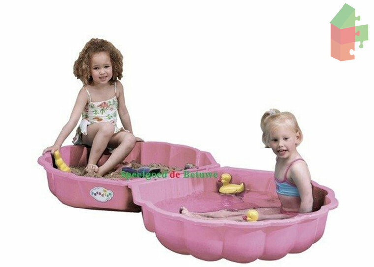 Zandbak schelp roze met tuinset met 4 dierenvormpjes in de kleuren blauw, groen, geel en oranje