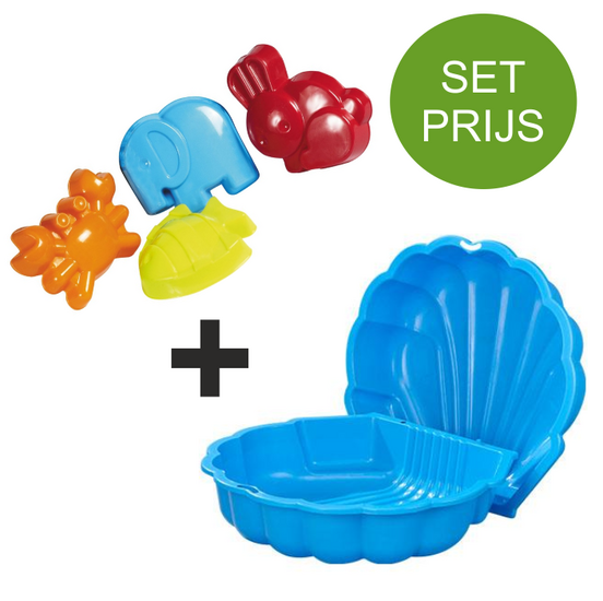 Zandbak schelp en 4 dierenvormpjes in de kleuren blauw, groen, geel en oranje