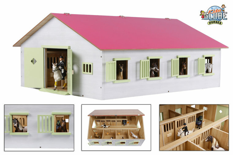 Kids Globe Set Houten Paardenstal Met 7 Boxen+Mitsubishi Met Paardentrailer ( Roze) 1:24