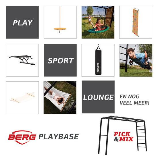 Berg Playbase 3-In-1 Medium Met Rekstok En Ladder (Inclusief Rubberen Schommel, Trapeze En Klimmuur)