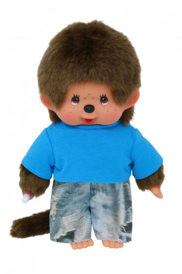 Monchhichi jongen knuffel 20cm met blauw shirt en jeans shorts