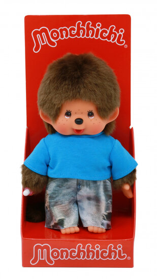 Monchhichi jongen knuffel 20cm met blauw shirt en jeans shorts