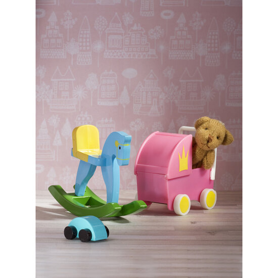 Lundby Smaland speelgoedset poppenhuis - wandelwagen, auto, hobbelpaard, beer