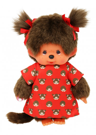 Monchhichi knuffelpop meisje 20cm rood jurkje met print