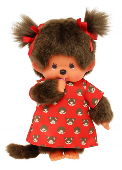 Monchhichi knuffelpop meisje 20cm rood jurkje met print