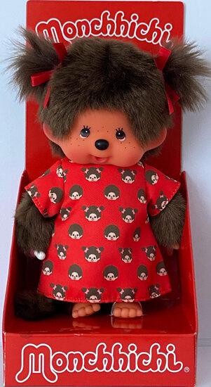 Monchhichi knuffelpop meisje 20cm rood jurkje met print