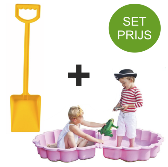 Zandbak schelp roze met plastic schep 50 cm lang geel