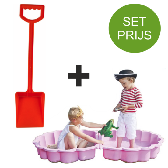 Zandbak schelp roze met plastic schep 50 cm lang rood