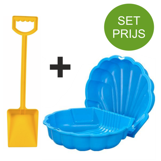 Zandbak schelp en plastic schep 50 cm lang geel