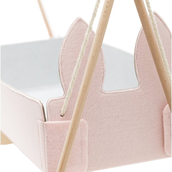 Houten poppenschommelwieg blank/roze met linnen - tot 45 cm