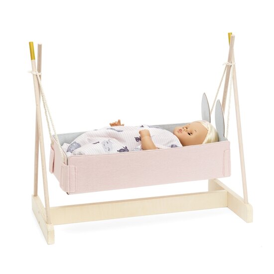 Houten poppenschommelwieg blank/roze met linnen - tot 45 cm