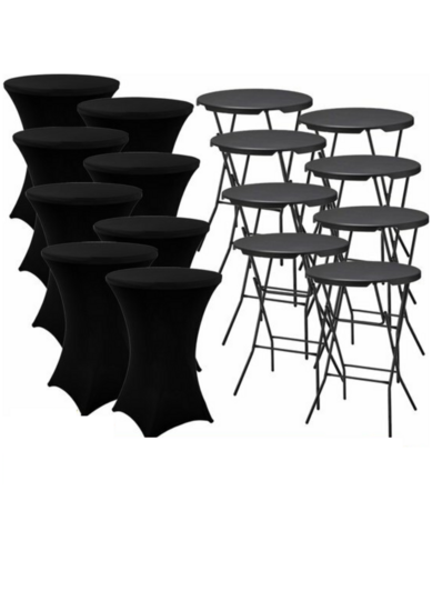 Set van 8 zwarte statafels (&Oslash;80 cm, 110 cm hoog) inclusief zwarte rokken