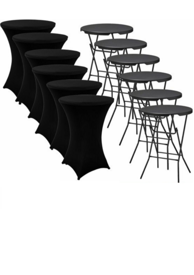 Set van 6 zwarte statafels (&Oslash;80 cm, 110 cm hoog) inclusief zwarte rokken