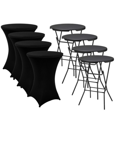 Set van 4 zwarte statafels (&Oslash;80 cm, 110 cm hoog) inclusief zwarte rokken