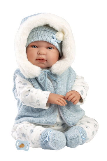Llorens babypop TINO 44 cm met blauwe romper en capuchon