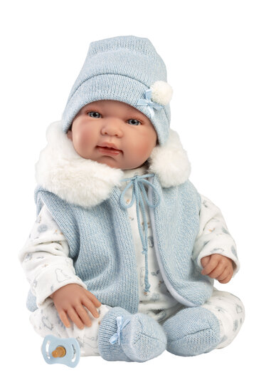 Llorens babypop TINO 44 cm met blauwe romper en capuchon