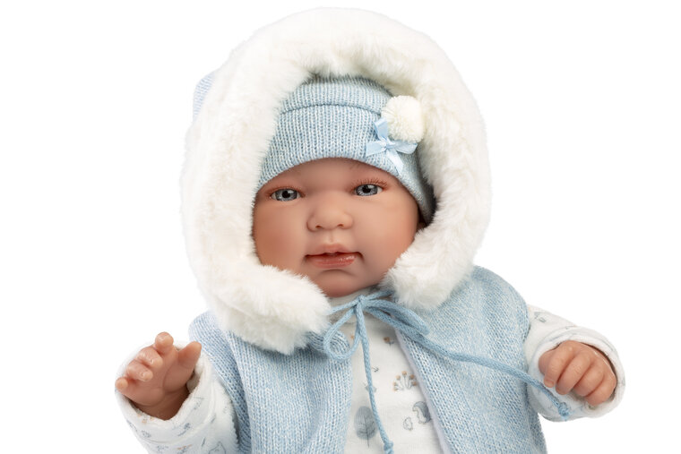 Llorens babypop TINO 44 cm met blauwe romper en capuchon