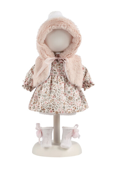 Llorens poppenkledingset 35cm met roze bontjasje en bloemetjesjurk