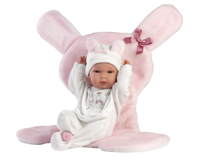 Babypop 35cm met beweegbare ledematen, konijnenkussen en outfit