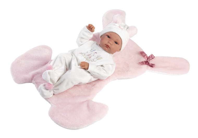 Babypop 35cm met beweegbare ledematen, konijnenkussen en outfit