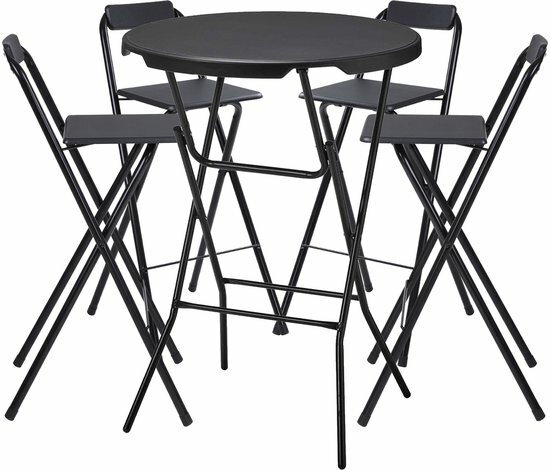 Statafel Met 4 Barkrukken - Inklapbaar Zwart - Cocktailtafel Set
