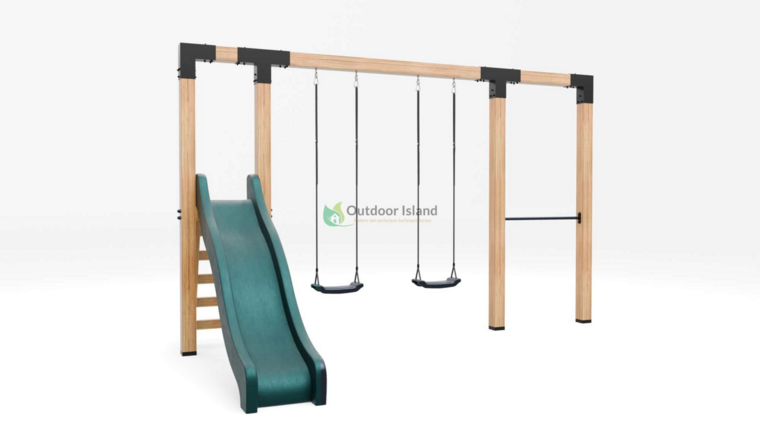 Houten schommel Douglas| Dommel 400 cm - RVS duikelstang + antraciet glijbaan 