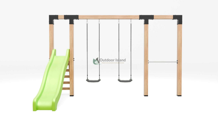 Houten schommel Douglas| Dommel 400 cm - RVS duikelstang + antraciet glijbaan 