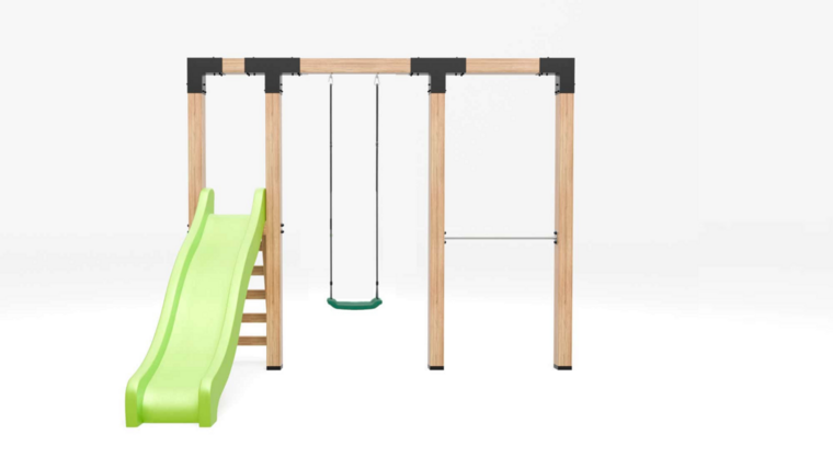 Houten schommel Douglas| Dommel 300 cm - Donkergroene duikelstang + limoengroene glijbaan