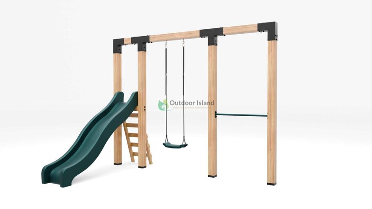 Houten schommel Douglas| Dommel 300 cm - RVS duikelstang + Donkergroen glijbaan 