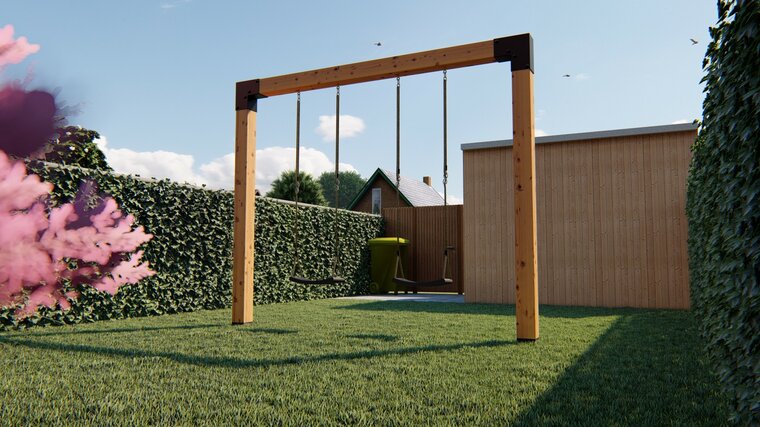 Premium houten douglas schommel - Gijs open pakket kan iets vies