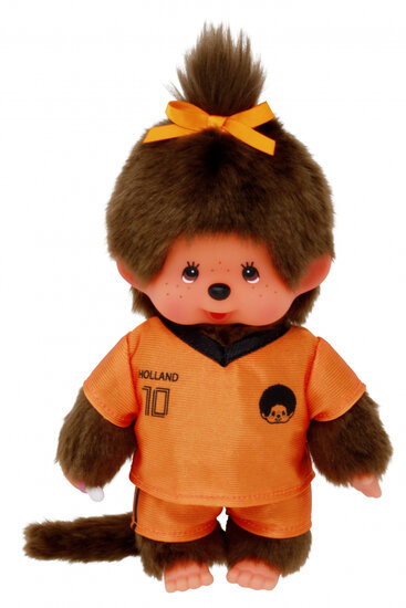 Monchhichi knuffel meisje in Holland voetbaltenue oranje 20cm