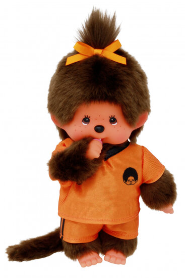Monchhichi knuffel meisje in Holland voetbaltenue oranje 20cm