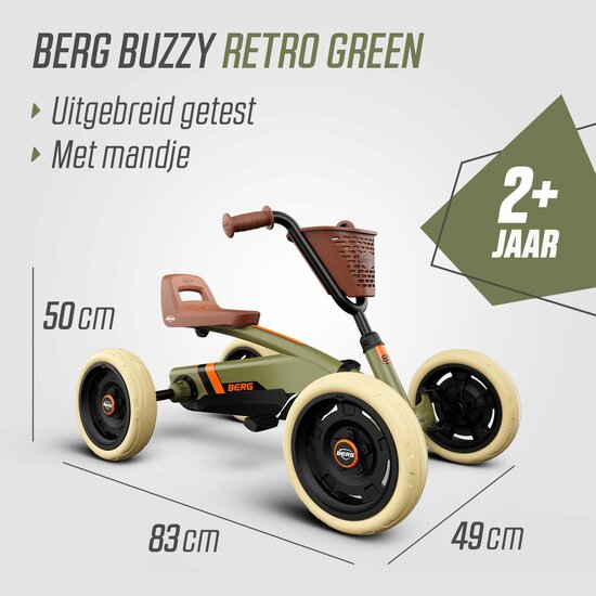 BERG Buzzy Retro skelter groen - 4 wielen, bruin zadel - 2-5 jaar