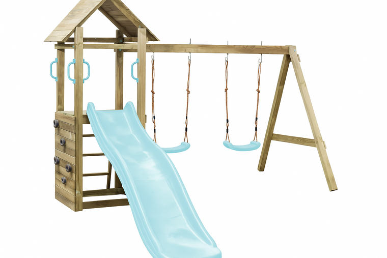 Houten speeltoestel met dubbele schommel, klimwand en 175cm glijbaan