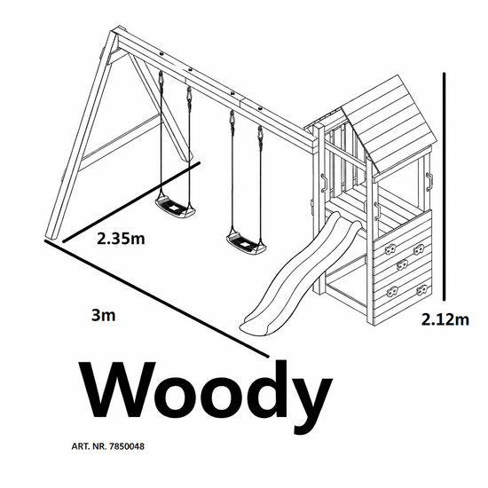 Houten speeltoestel met dubbele schommel, klimwand en 175cm glijbaan