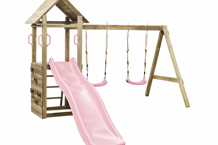 Houten speeltoestel met dubbele schommel, glijbaan Roze