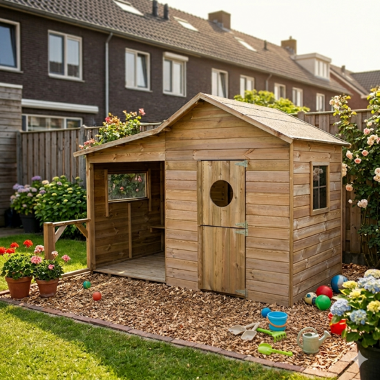 Speelhuis hout met overkapping, bankje en doorgeefluik - WOODY Livia