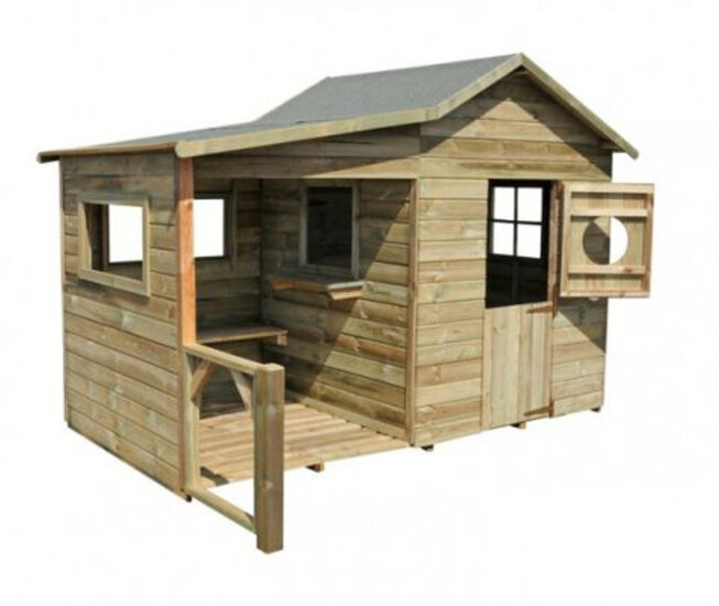 Speelhuis hout met overkapping, bankje en doorgeefluik - WOODY Livia