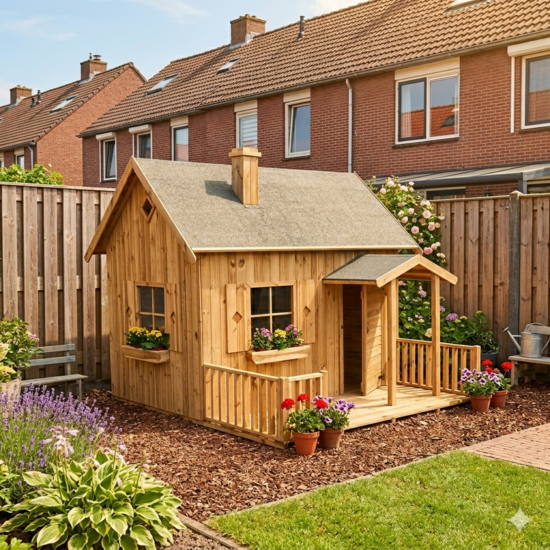 Speelhuis ge&iuml;mpregneerd hout met veranda en 3 ramen - WOODY Elodie