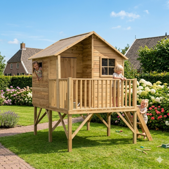 Houten speelhuis op poten Jinthe L met balkon en 3 ramen