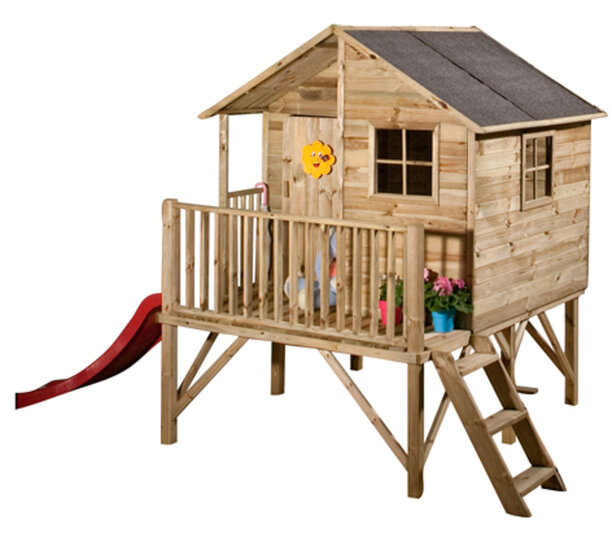 Houten speelhuis op poten Jinthe L met balkon en 3 ramen