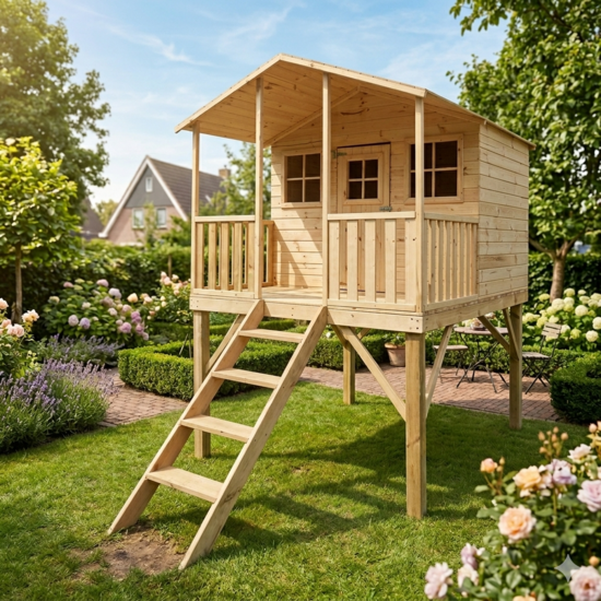 Houten speelhuis op poten met trap en overdekt terras - WOODY Harper
