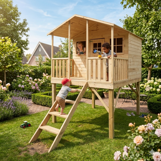 Houten speelhuis op poten met trap en overdekt terras - WOODY Harper