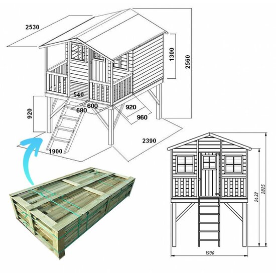 Houten speelhuis op poten met trap en overdekt terras - WOODY Harper